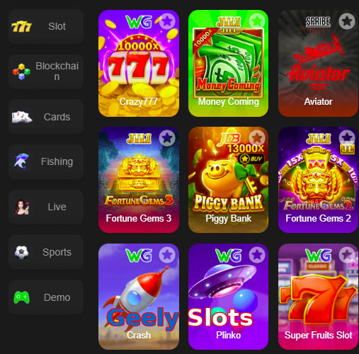 Main screen of Geely Slots game page for PK players